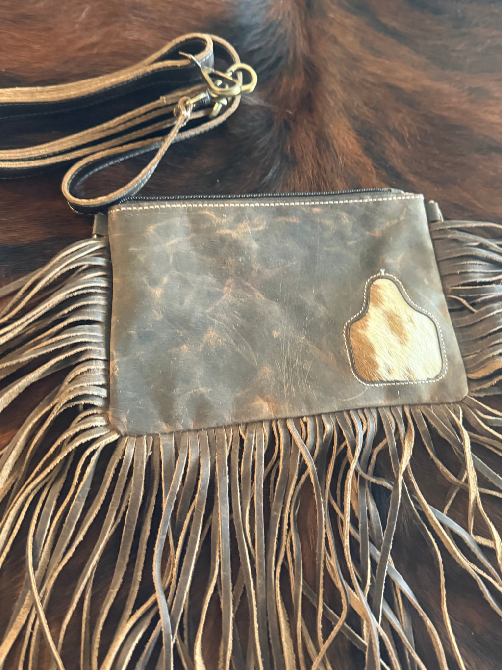 Cow Tag Leather Fringed Crossbody