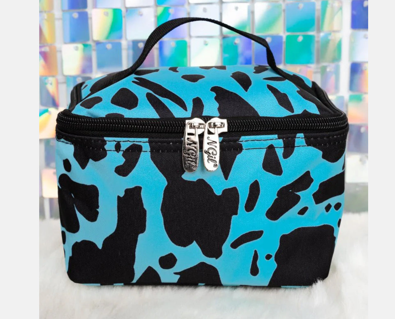 Turquoise Cow Print Makeup Bag