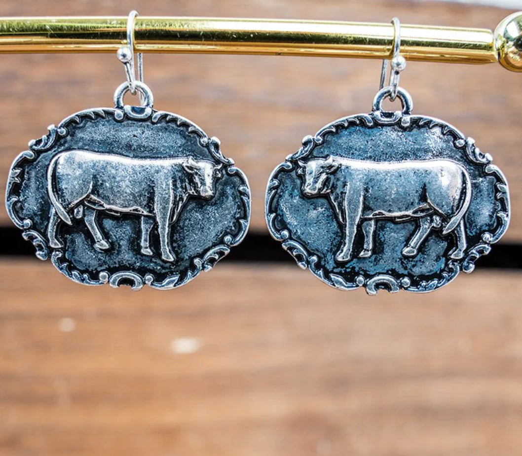 Silver Tone Cow Earrings