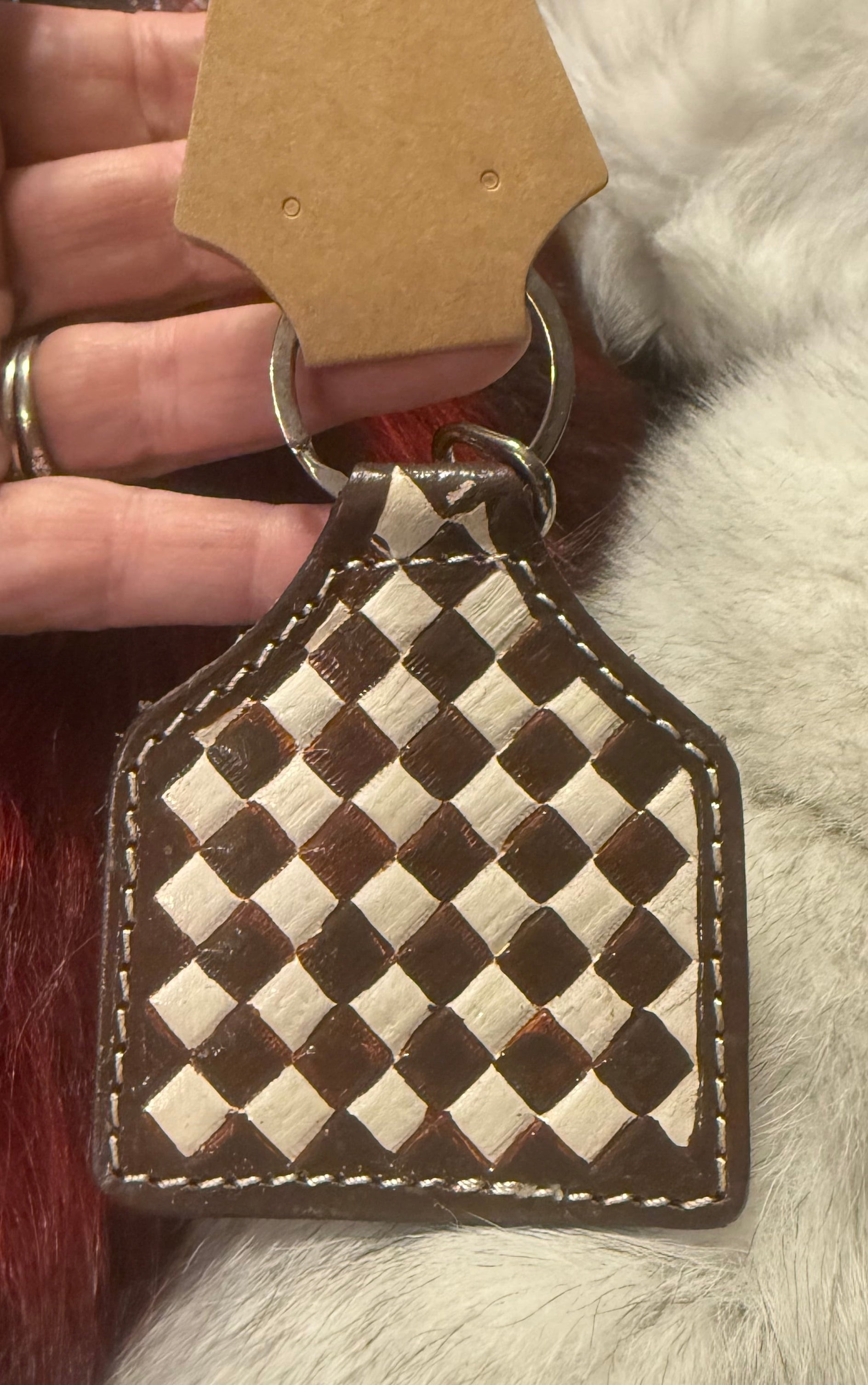Chocolate Checkered Keychain with Cowhide Back