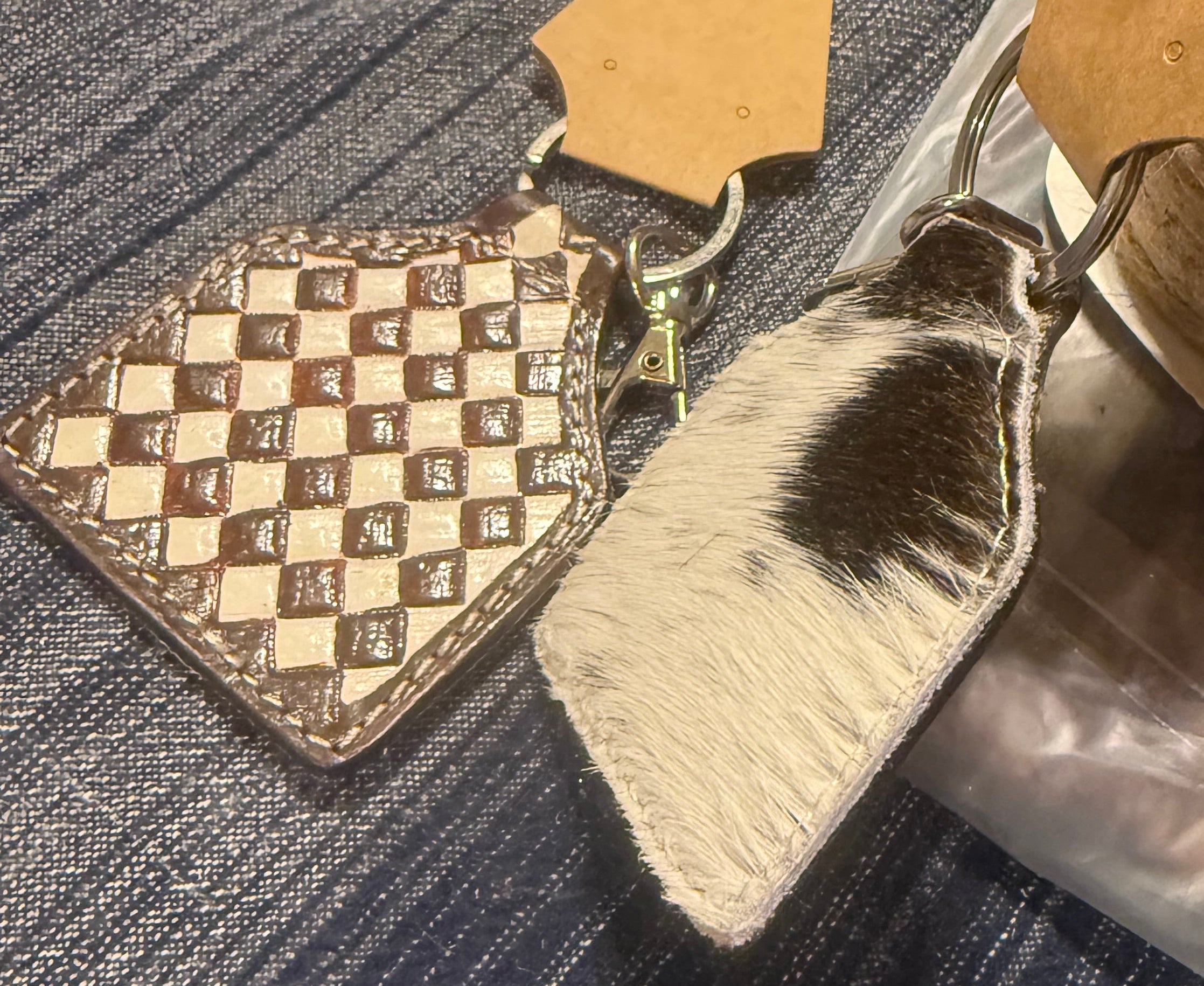Chocolate Checkered Keychain with Cowhide Back