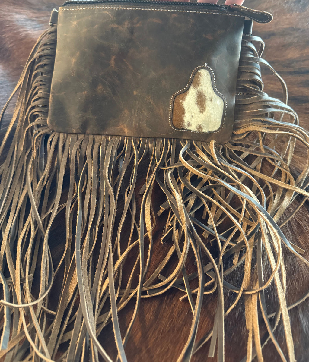 Cow Tag Leather Fringed Crossbody