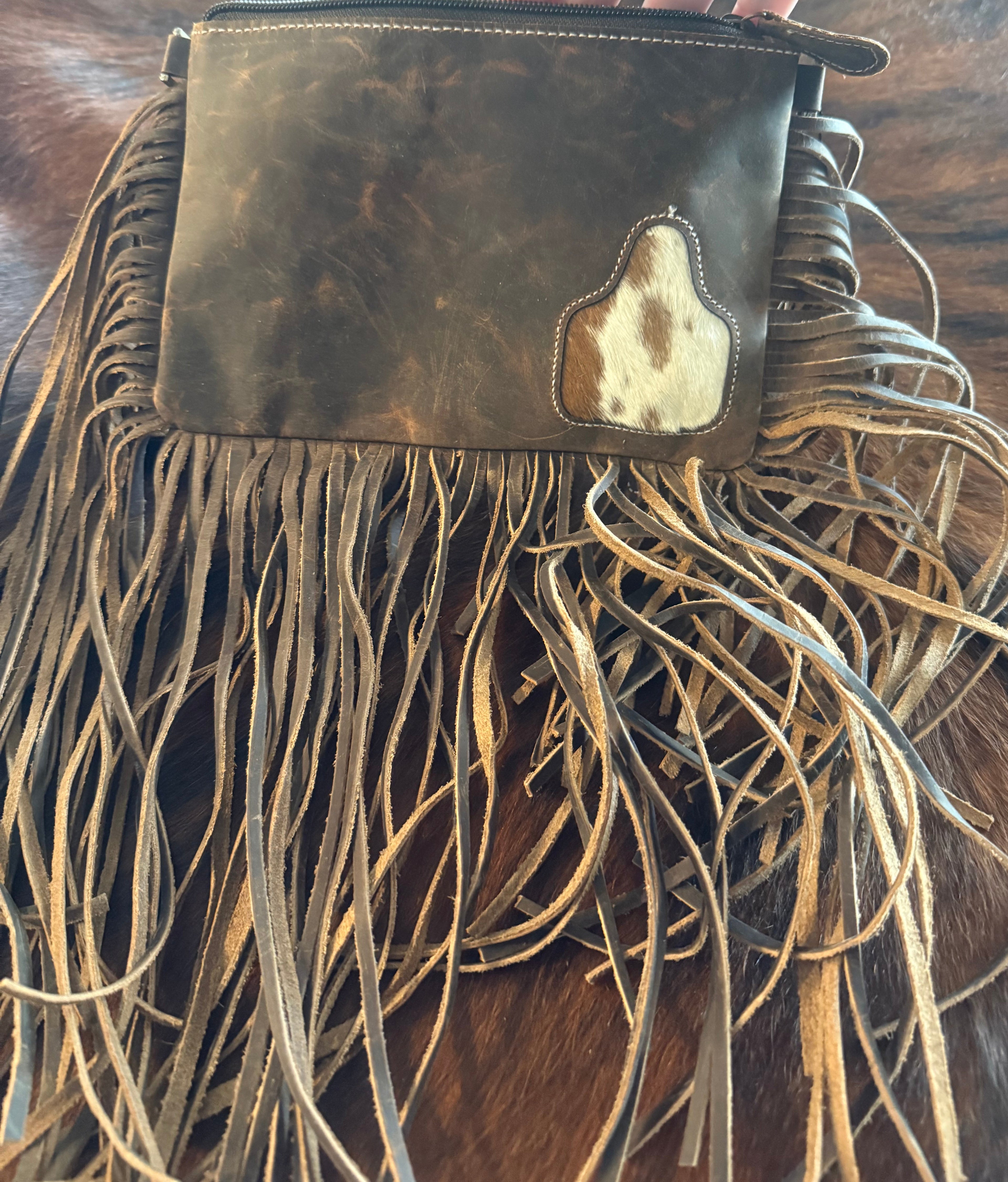 Cow Tag Leather Fringed Crossbody