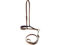 Leather noseband and tiedown with pink rawhide lacing on nose