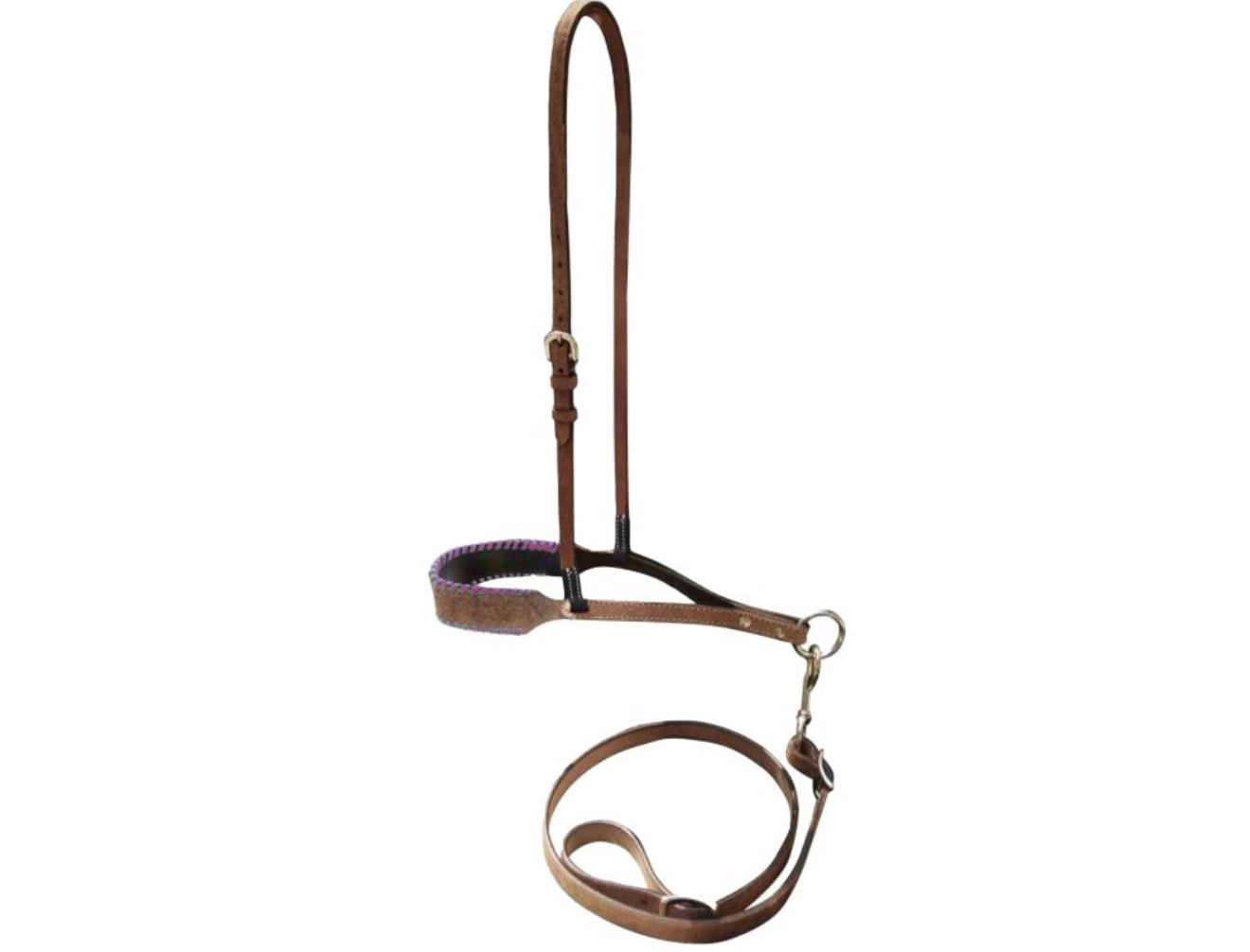 Leather noseband and tiedown with pink rawhide lacing on nose