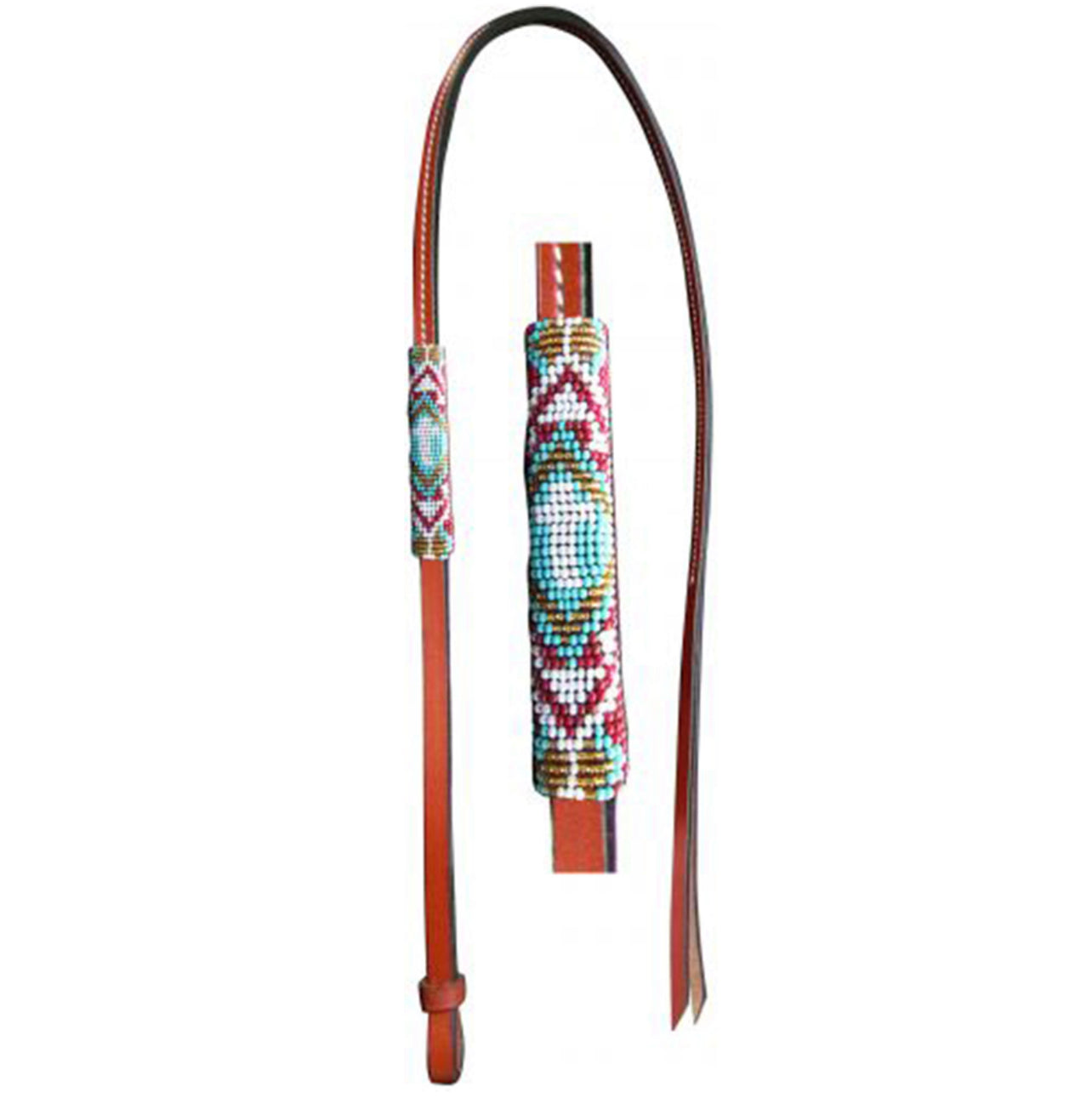 4ft Leather over & under whip with teal, red, and gold cross designed beaded overlay