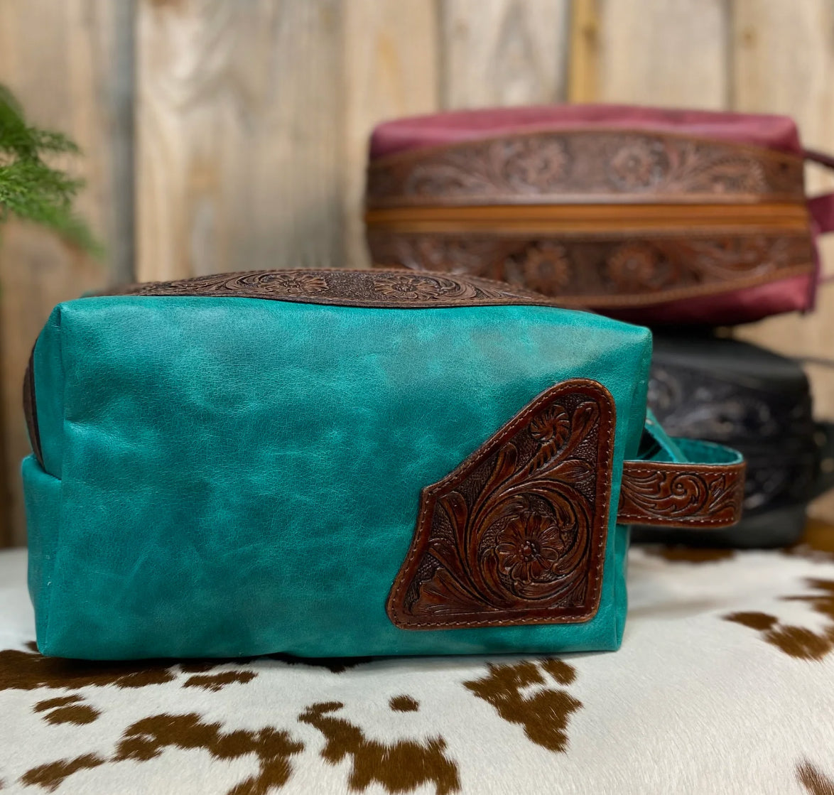 Turquoise Leather Tooled Toiletry Bag
