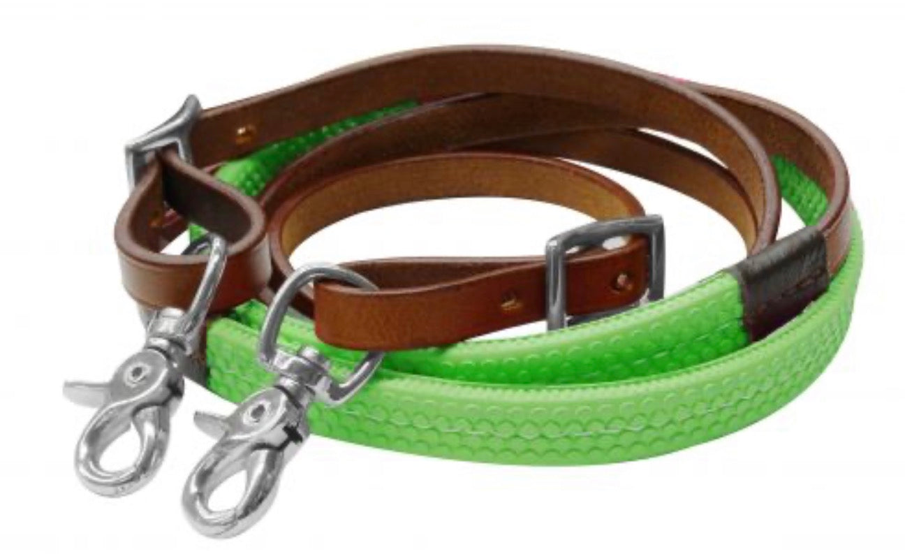 7ft rubber grip barrel reins Lime Green