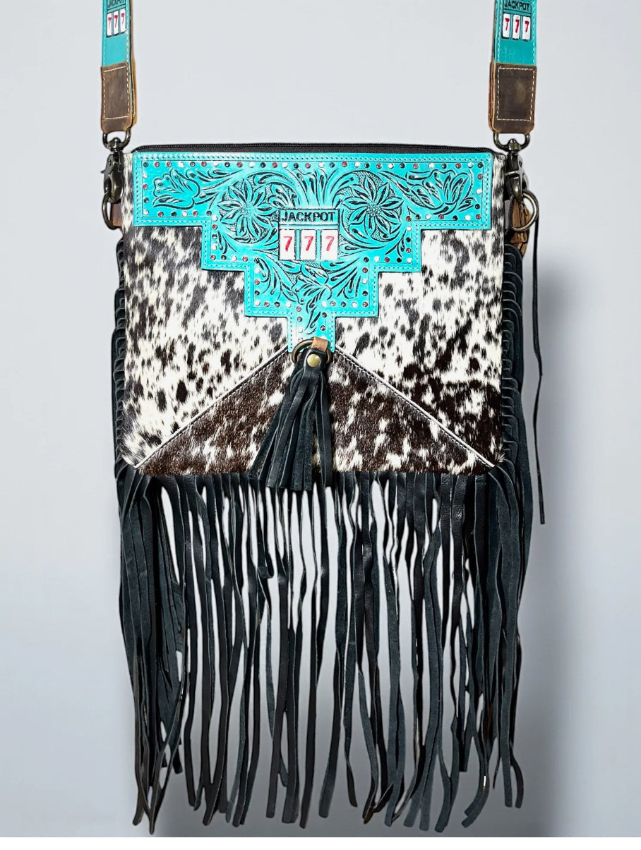 Turquoise 777 Cowhide & Fringe Crossbody Bag