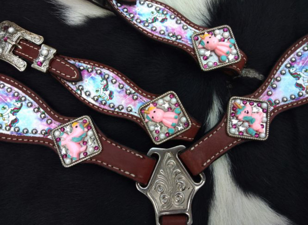 PONY SIZE Tie Dye Unicorn printed headstall and breast collar set with raised unicorn conchos