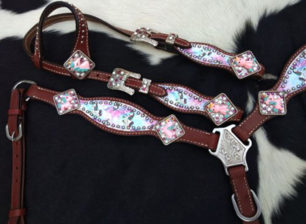PONY SIZE Tie Dye Unicorn printed headstall and breast collar set with raised unicorn conchos