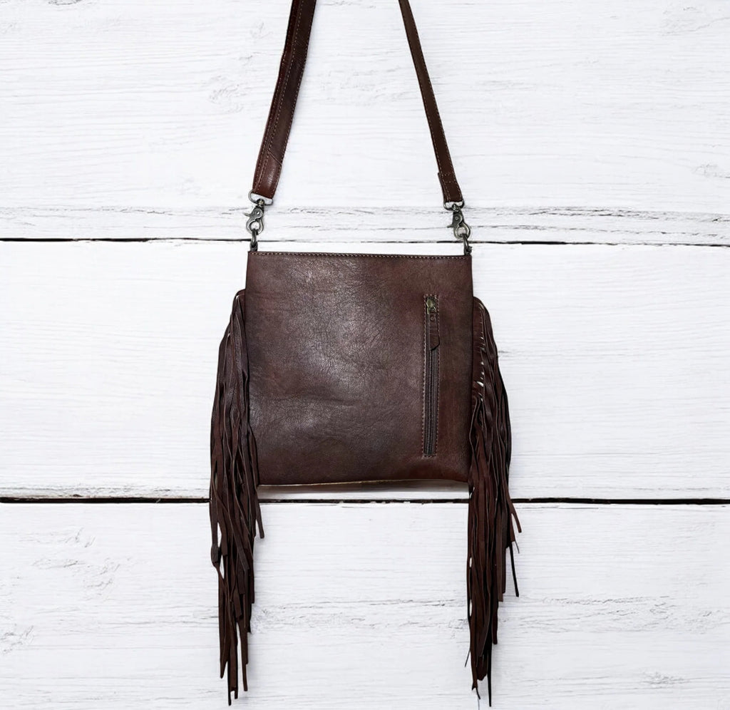 Tooled Leather/Fringe/Cowhide Crossbody Bag