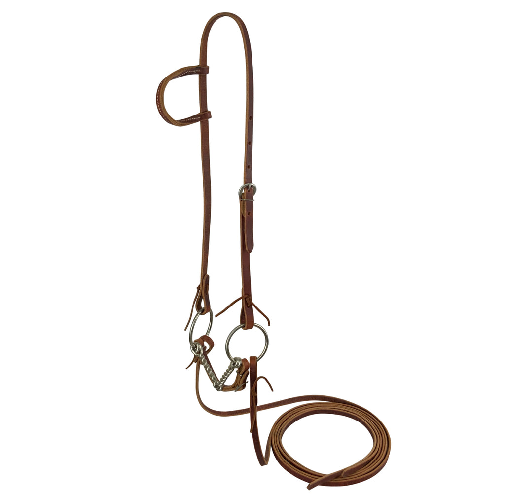 Harness Oiled Leather One Ear Headstall with O-Ring Snaffle and 8ft Reins