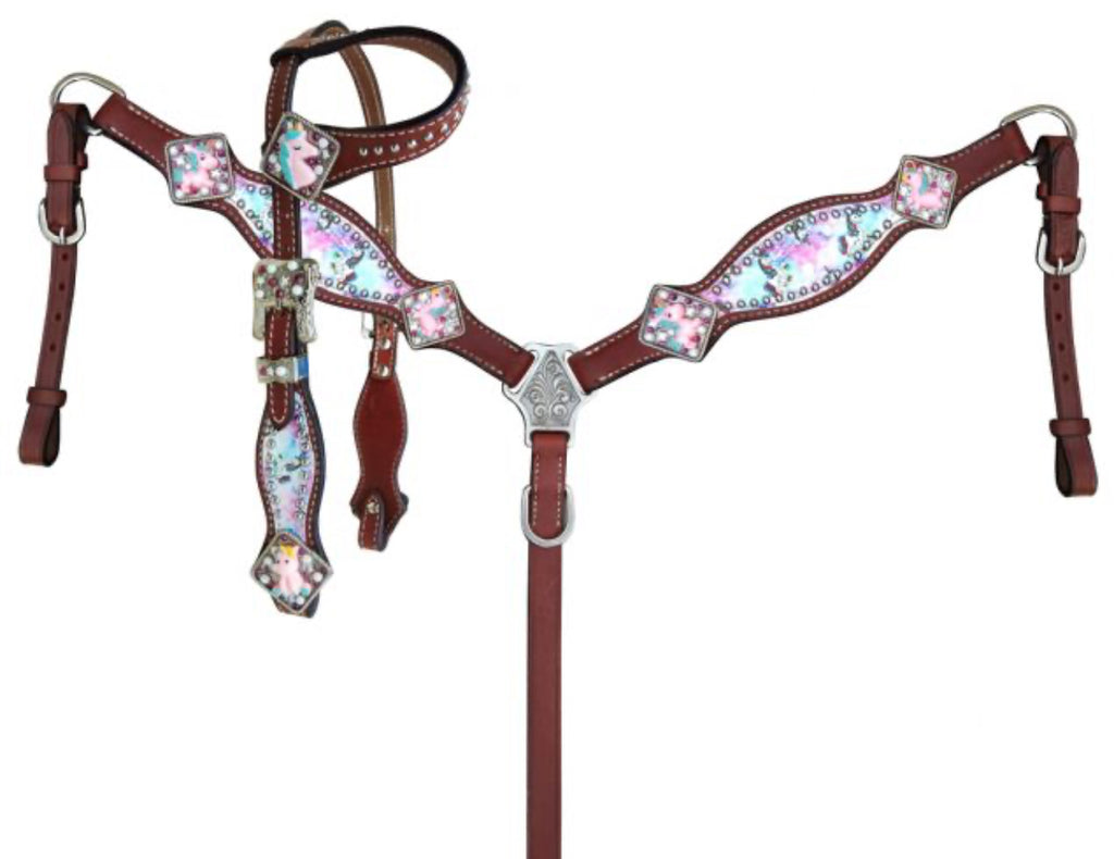 PONY SIZE Tie Dye Unicorn printed headstall and breast collar set with raised unicorn conchos
