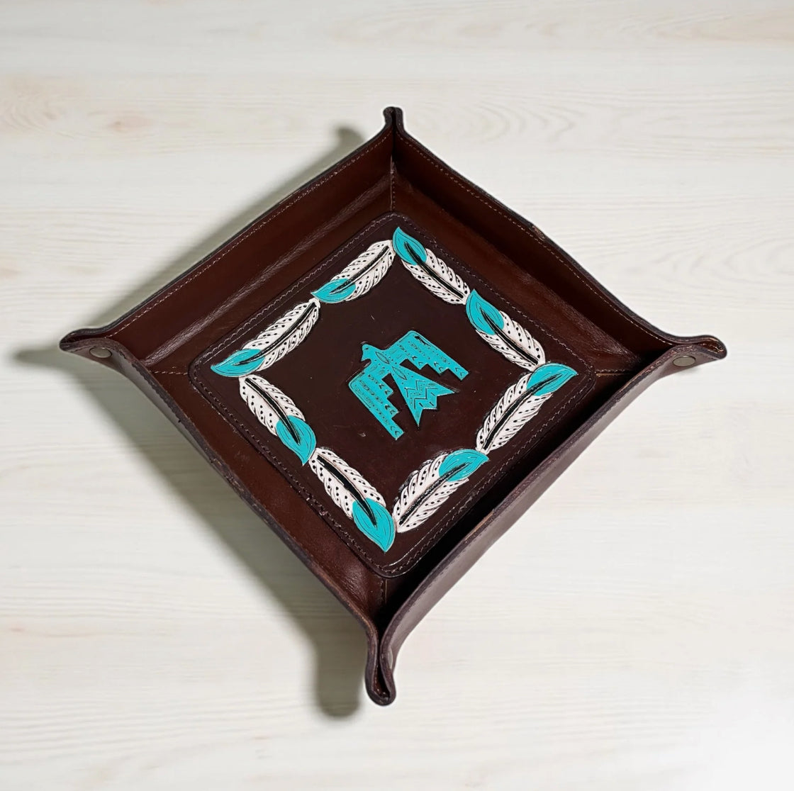 Thunderbird Feathers Tooled Leather Tray