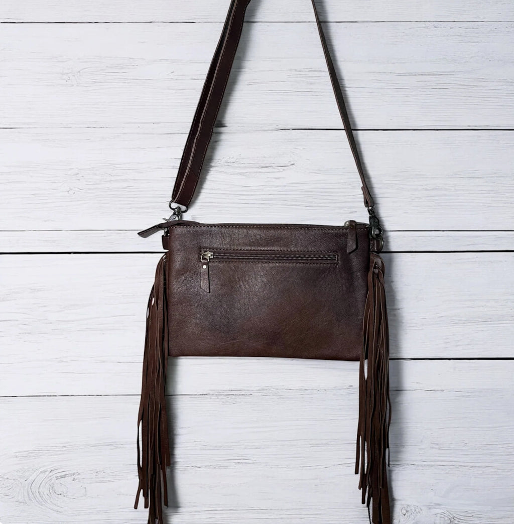 Checkered Tooled & Fringed Cowhide Crossbody Purse