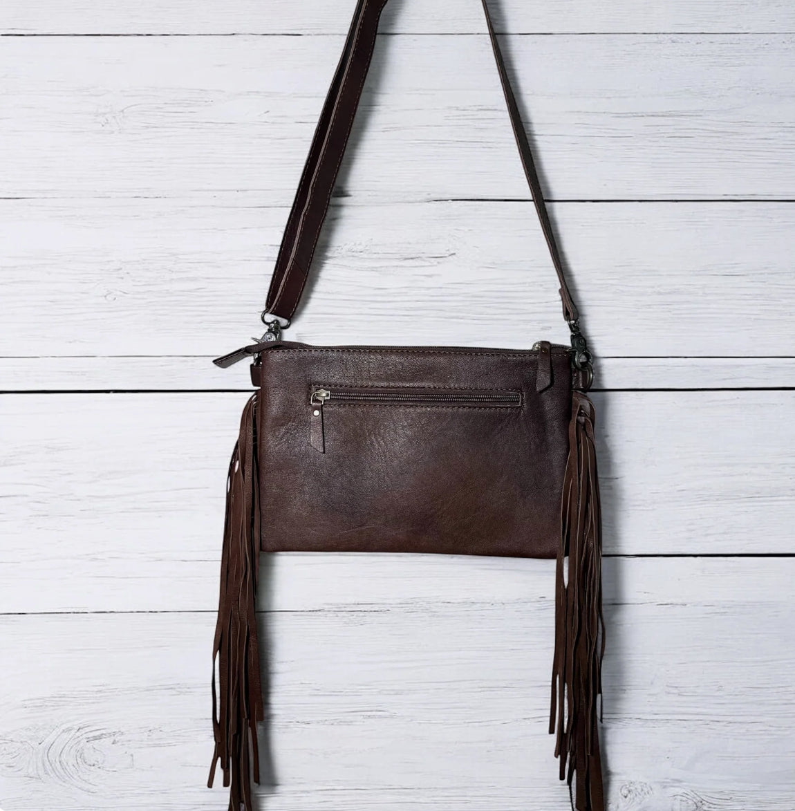Checkered Tooled & Fringed Cowhide Crossbody Purse
