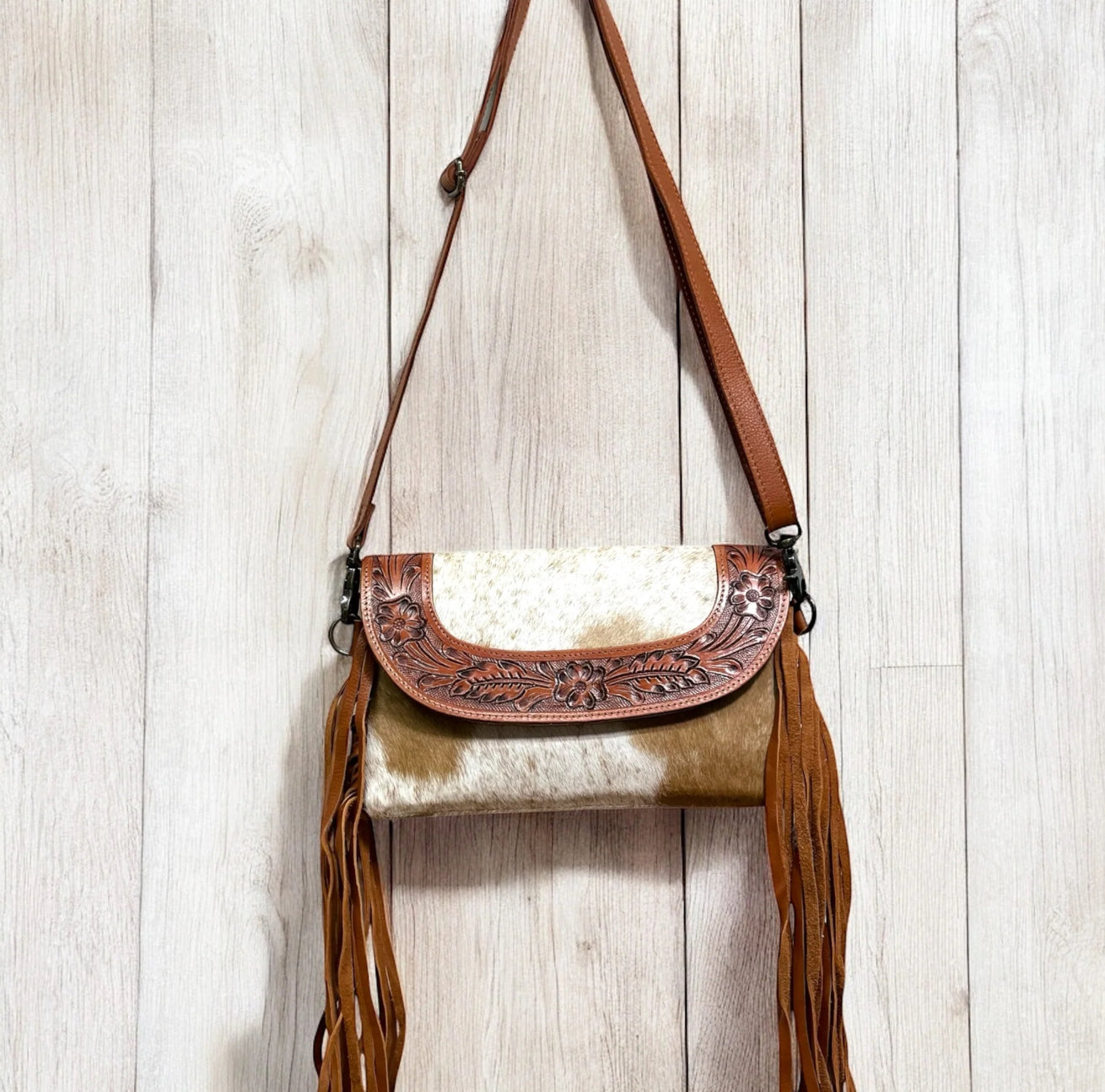 Tan Tooled Leather & Cowhide Purse