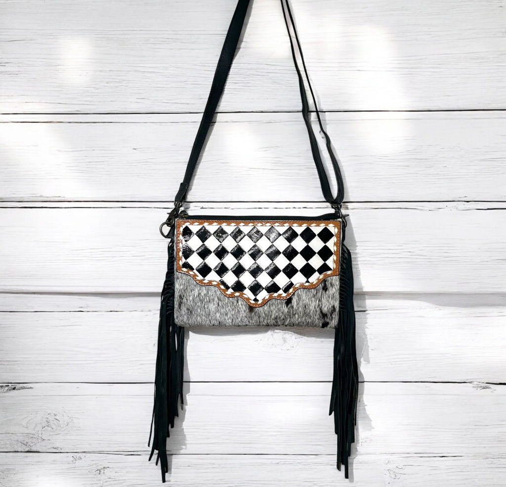 Checkered Tooled & Fringed Cowhide Crossbody Purse