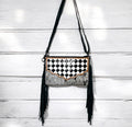 Checkered Tooled & Fringed Cowhide Crossbody Purse