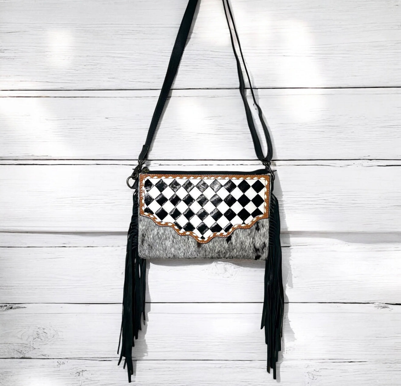Checkered Tooled & Fringed Cowhide Crossbody Purse