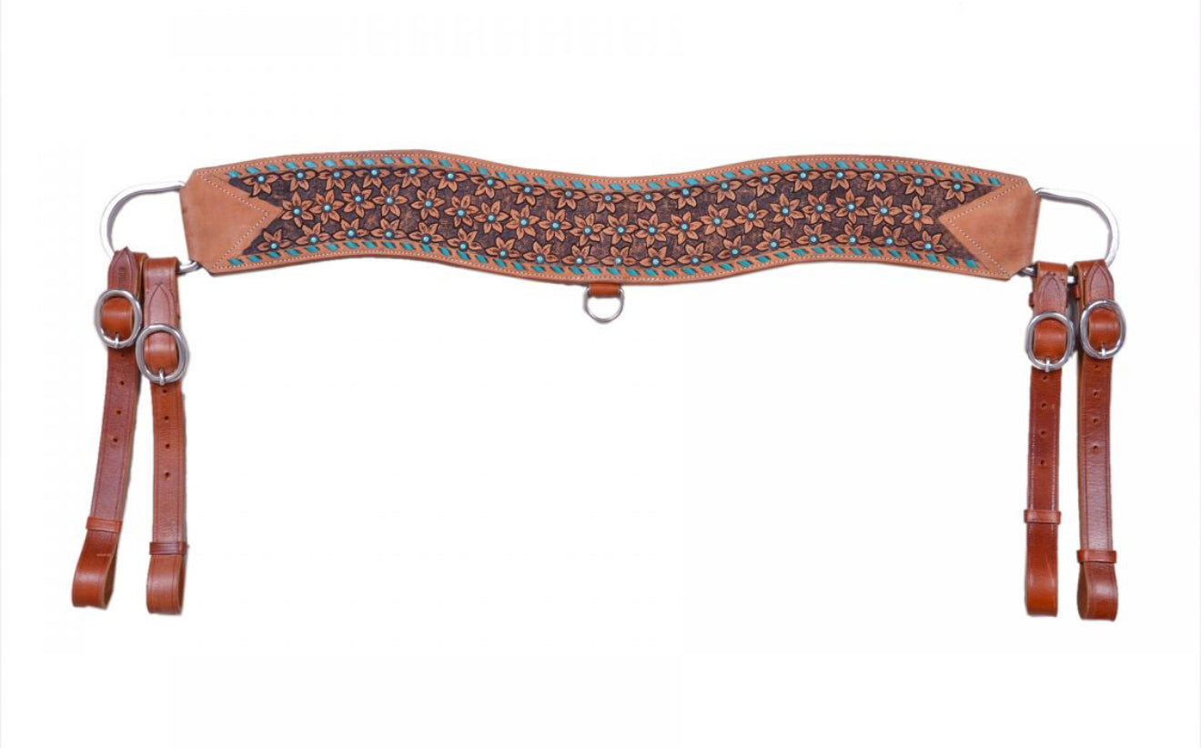 Floral tooled leather tripping collar with teal buckstitch and teal beads