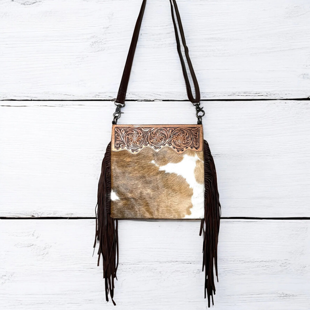 Tooled Leather/Fringe/Cowhide Crossbody Bag