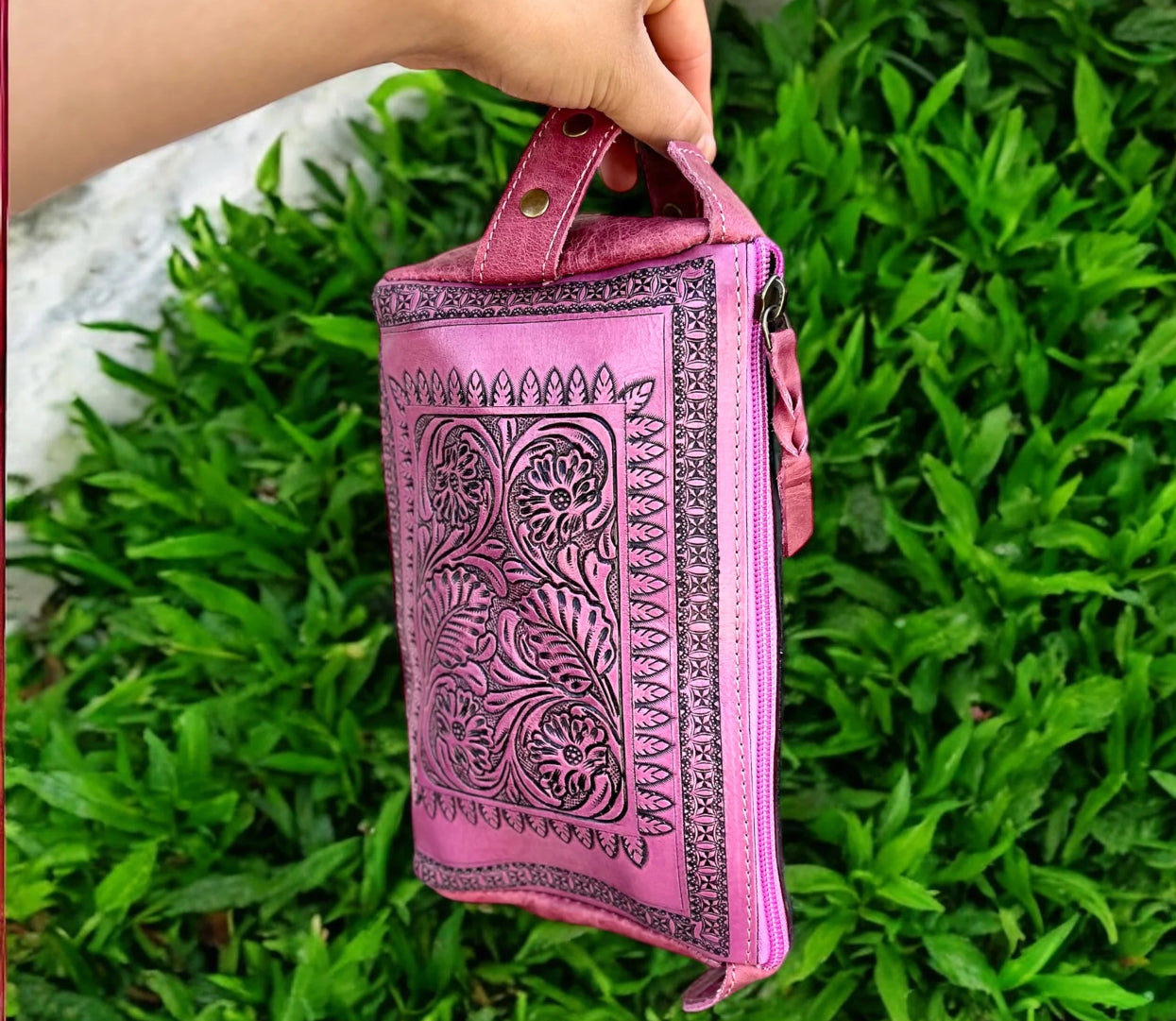 Pink Tooled Leather Toiletry Bag